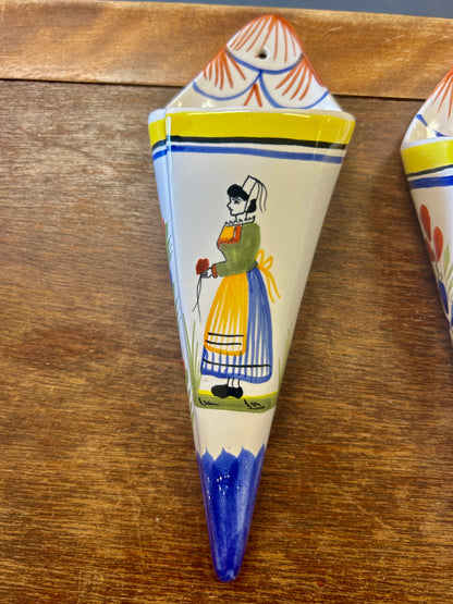 Multicolor Quimper Breton Wall Vase Set 2pcs, 8"