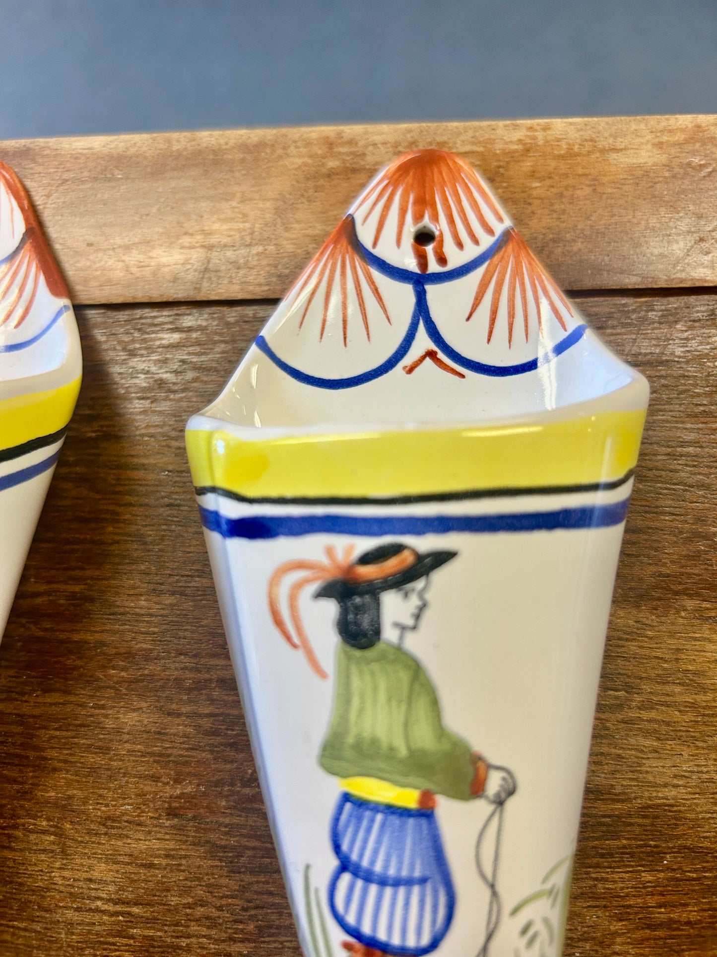 Multicolor Quimper Breton Wall Vase Set 2pcs, 8"