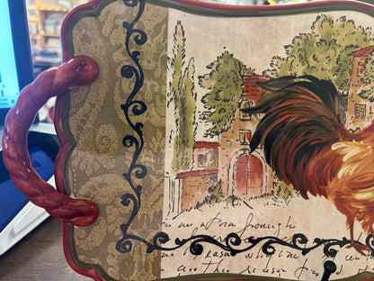 Rooster serving platter close-up of orange rooster and scroll border