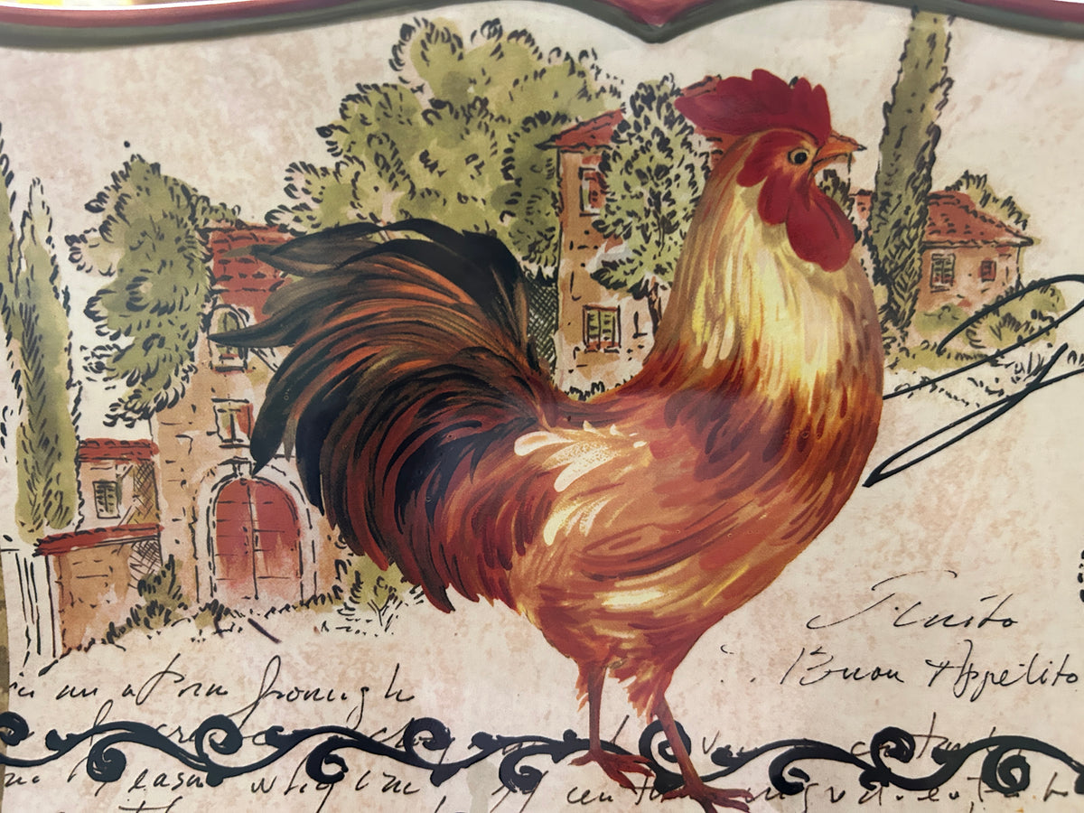 Rooster serving platter detail showing orange rooster centered on cream