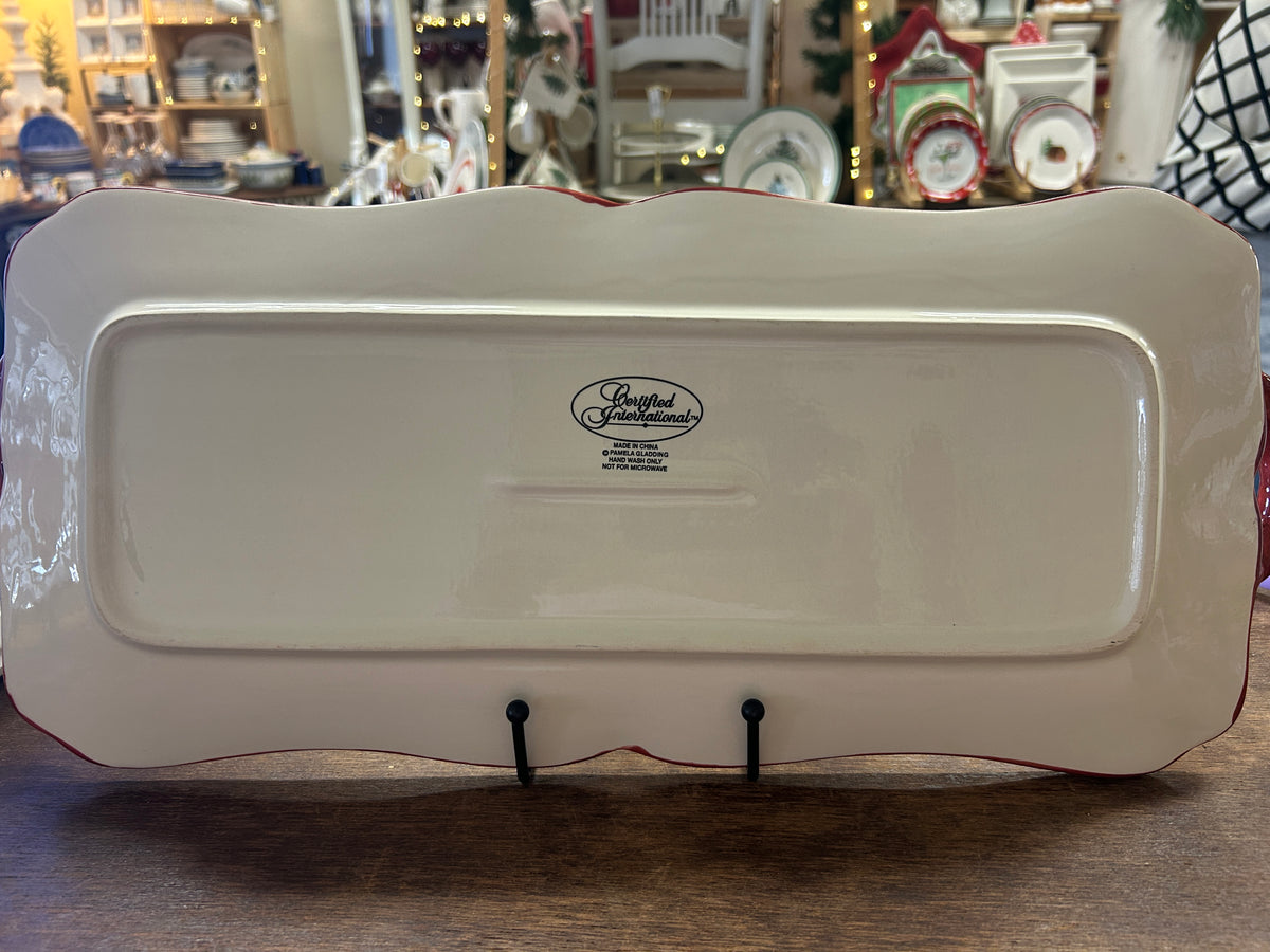 Rectangular serving platter back with brand label and two display hooks