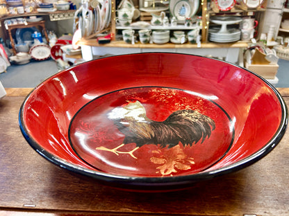 Red rooster serving bowl with rooster painting and decorative border