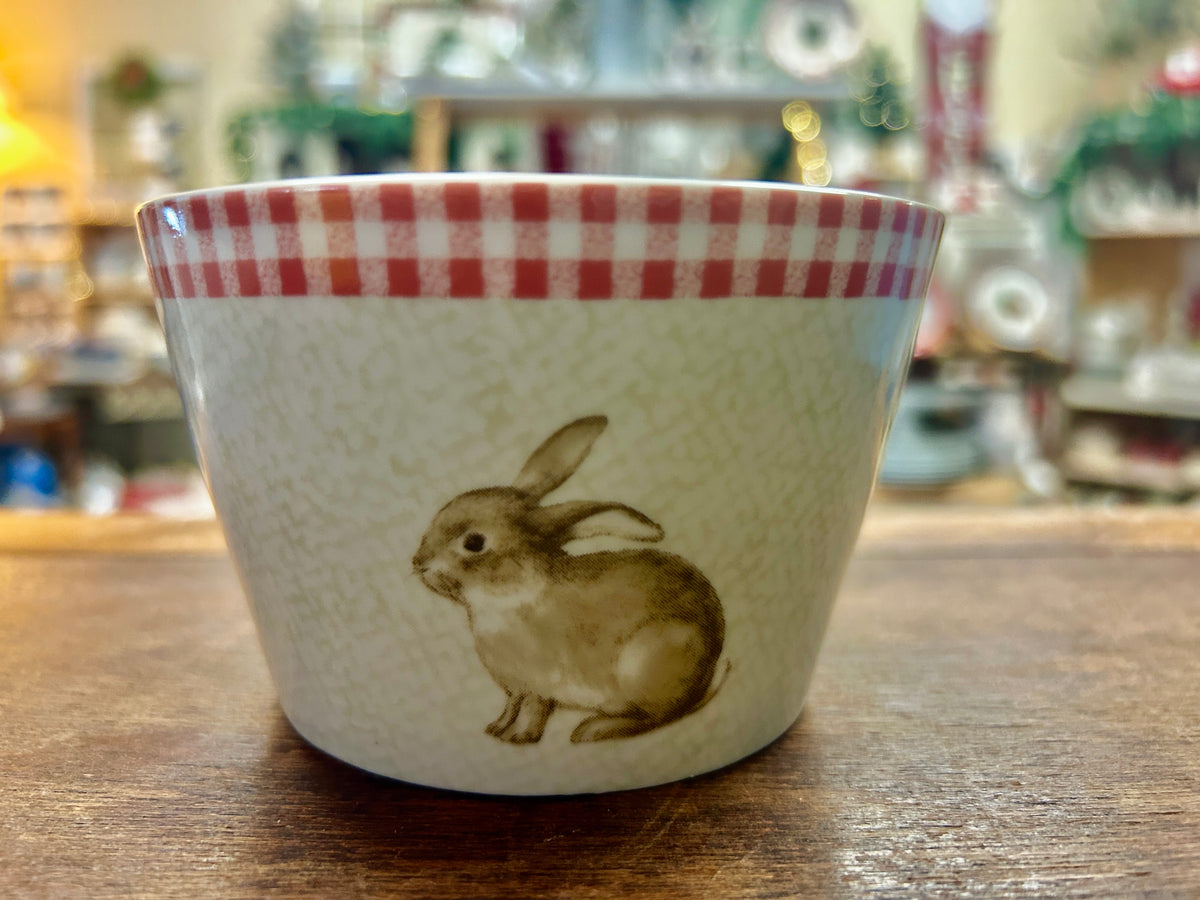 Pink and white ceramic bowl with red gingham rim and bunny rabbit graphic