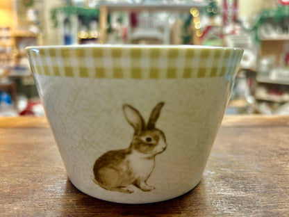 Green and white ceramic bowl with bunny illustration and gingham rim