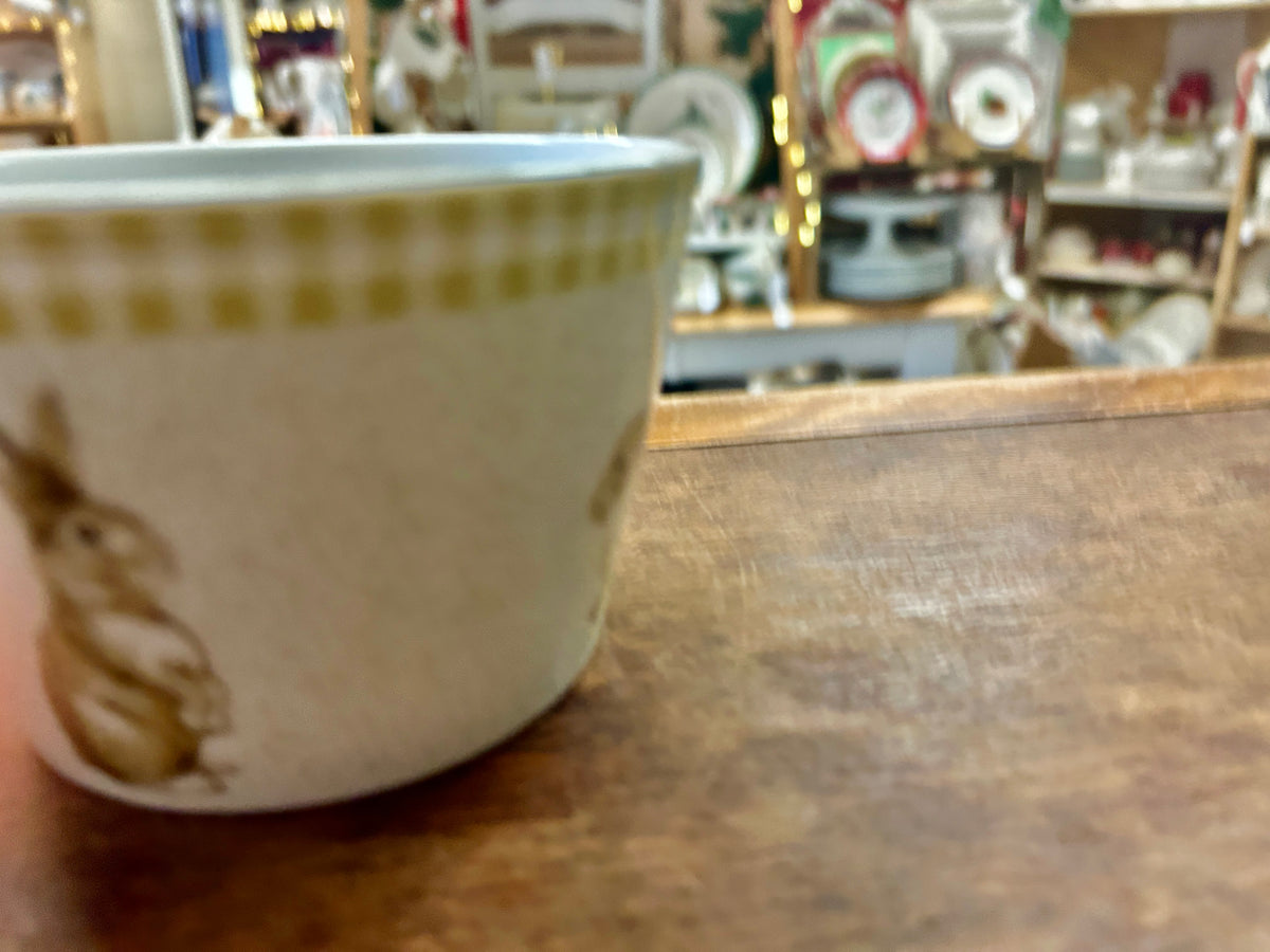 Green and white ceramic bowl side view with bunny graphic