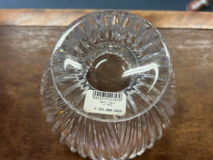 Clear crystal bowl underside with ridged base and barcode label