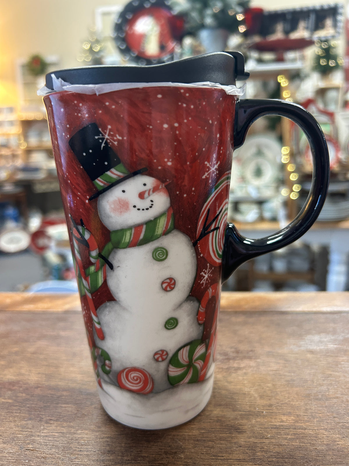 Red Green White Cypress Home NEW Snowman Mug w/ Lid, 6 1/2"