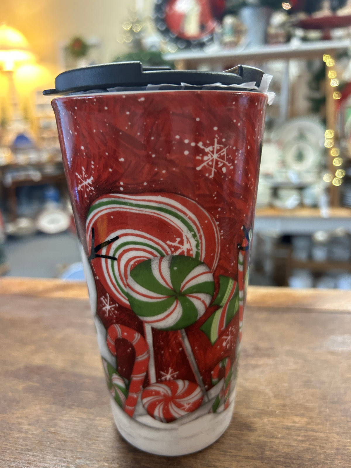 Red Green White Cypress Home NEW Snowman Mug w/ Lid, 6 1/2"
