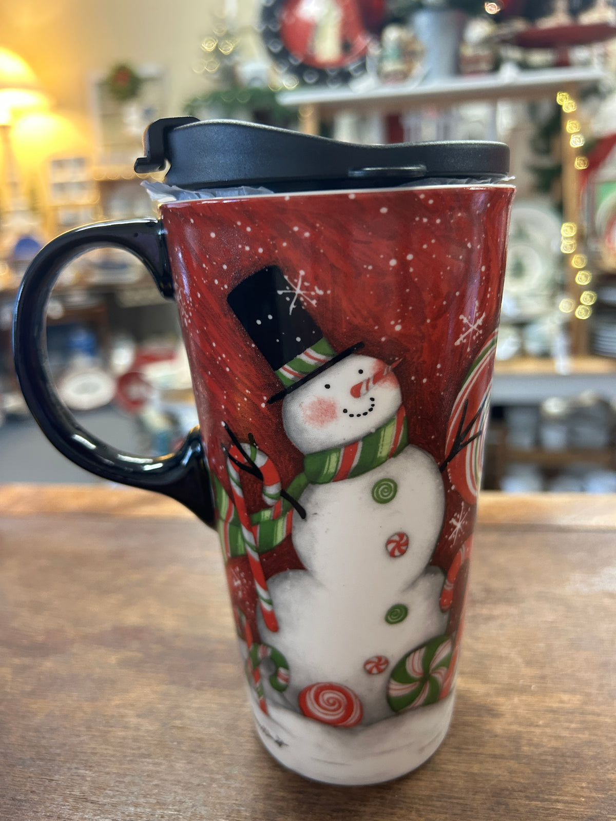 Red Green White Cypress Home NEW Snowman Mug w/ Lid, 6 1/2"