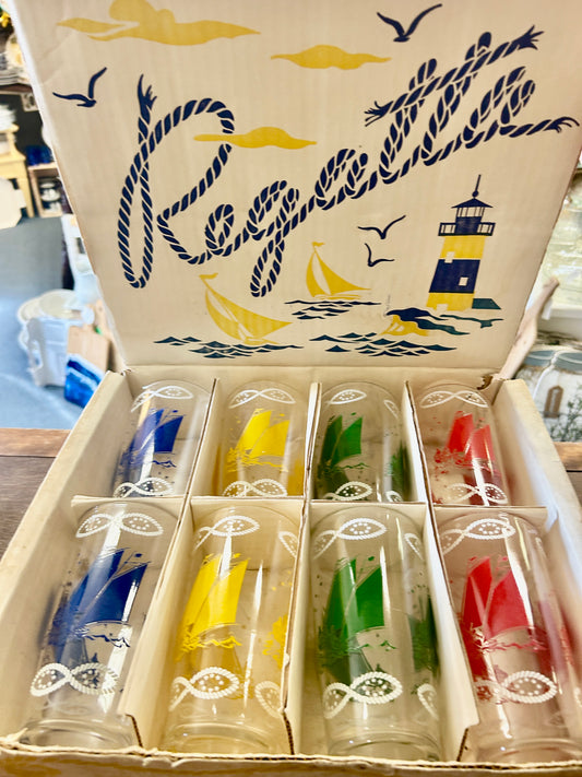 Multicolor Hazel Atlas Vintage Regatta Sail Glasses 8