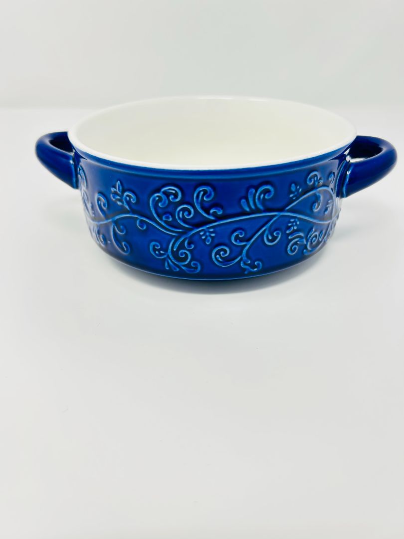 Blue  Blue Scroll Bowl 2 Handles, 7 1/2"
