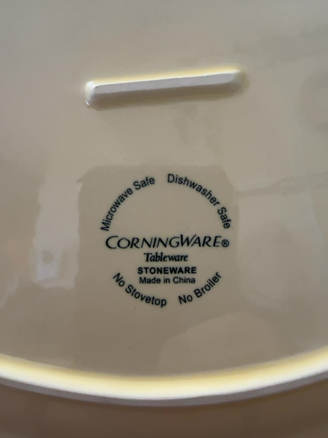 Corningware tableware stamp on yellow platter back: microwave safe, dishwasher safe